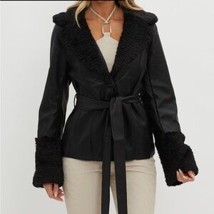 NWT Selfie Leslie Black Leather Jacket Teddy Lapel, size M